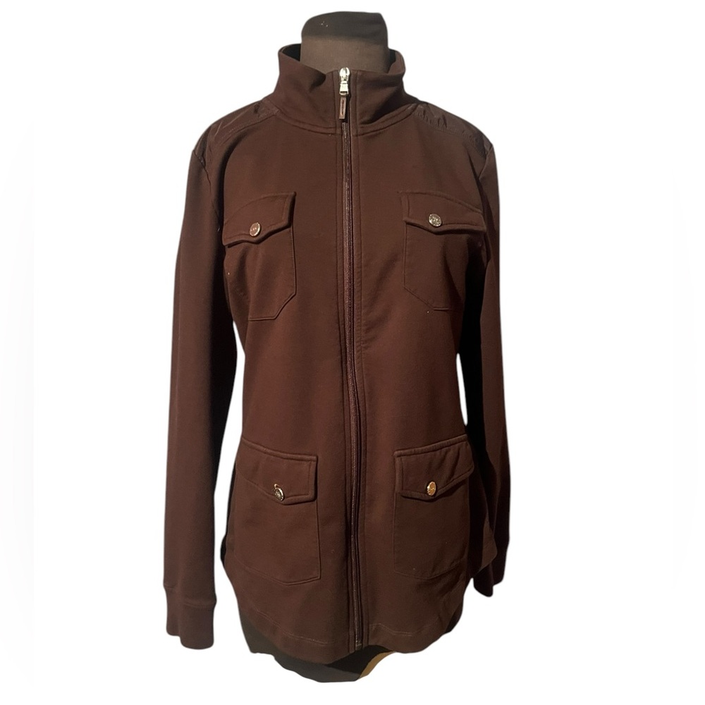 Lauren Ralph Lauren Active Brown Stretch Zip Up Minimal Athleisure Zip Jacket L